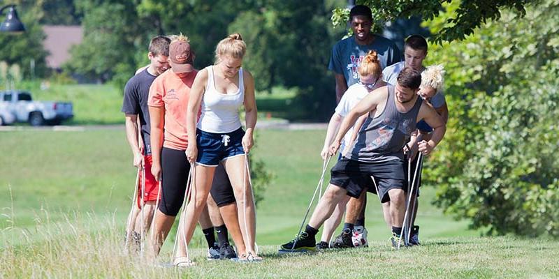 Bryn Athyn College students doing a team building task